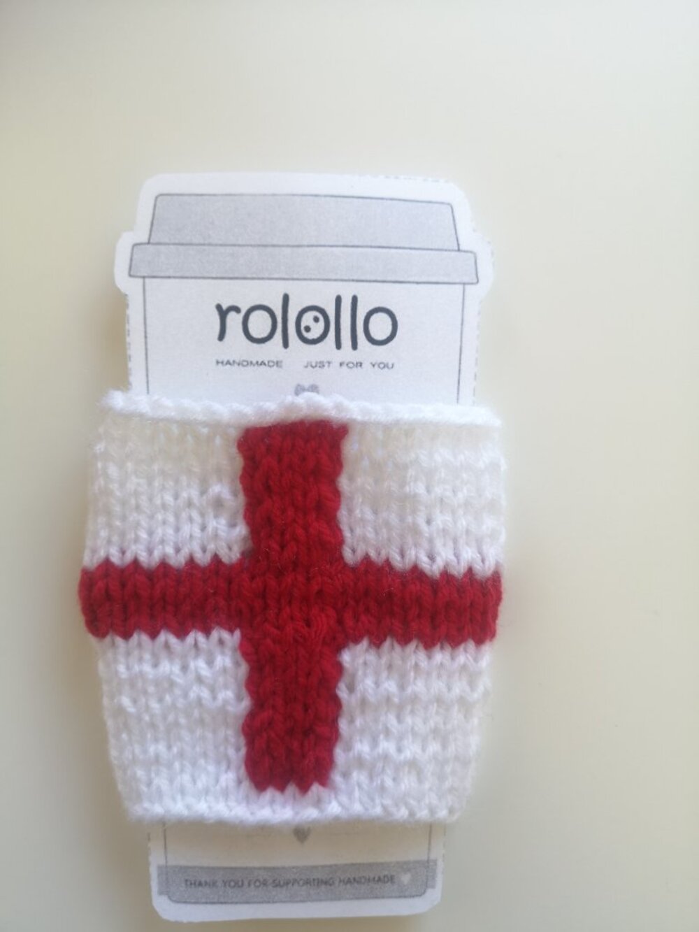 HandKnit Cup & Can Cozy–Reusable Coffee Sleeve & Soccer Fan Accessory ENGLAND